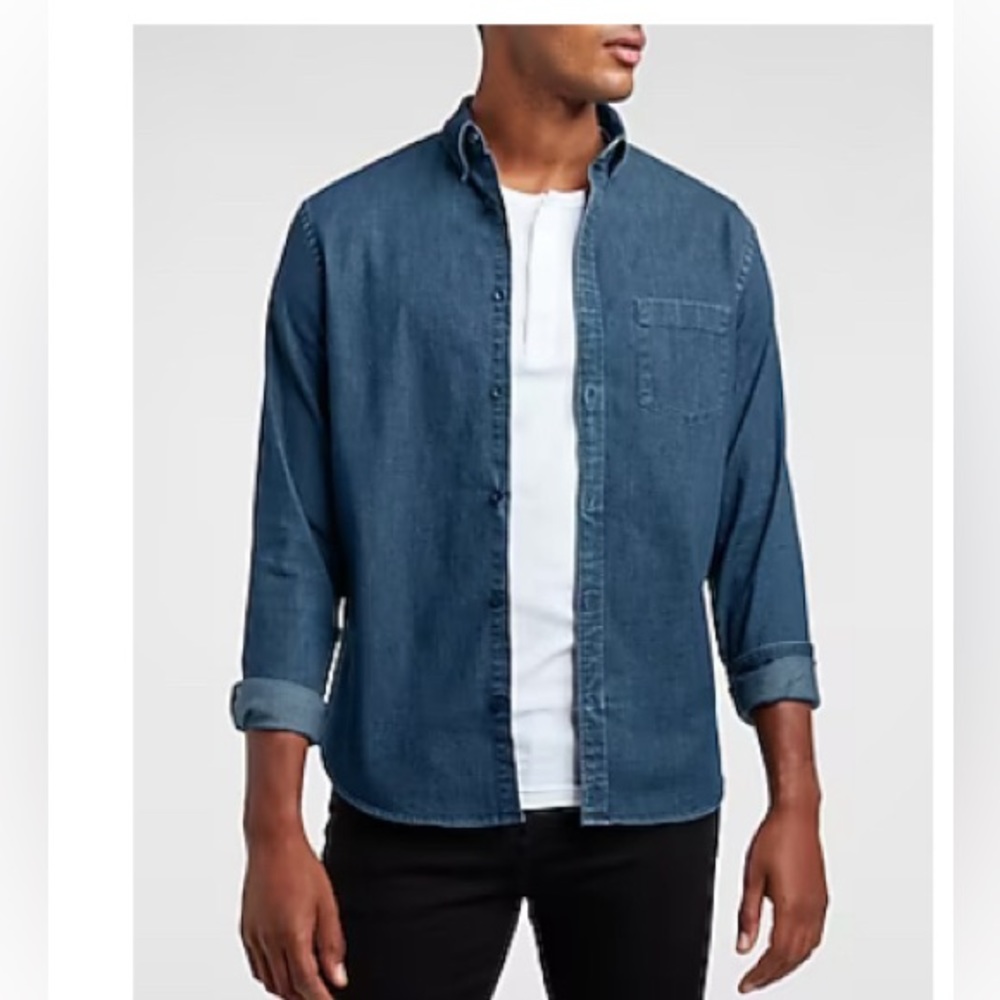 EXPRESS WORN ONCE W TAGS NOT ATTACHED Size Medium Dark Blue Denim Dress Shirt.